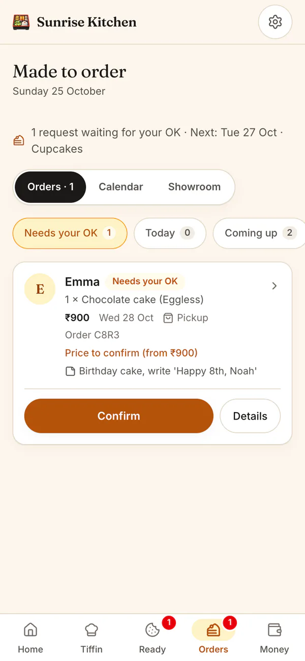 Made to order: a request waiting for the cook's OK, a chocolate cake for a date later in the week, price to confirm, a note from the customer, and a Confirm button.