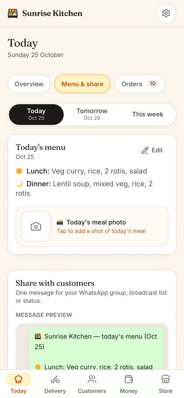 Menu and share: a Today, Tomorrow and This week switch, today's lunch and dinner, a meal photo slot and the WhatsApp message preview for customers.
