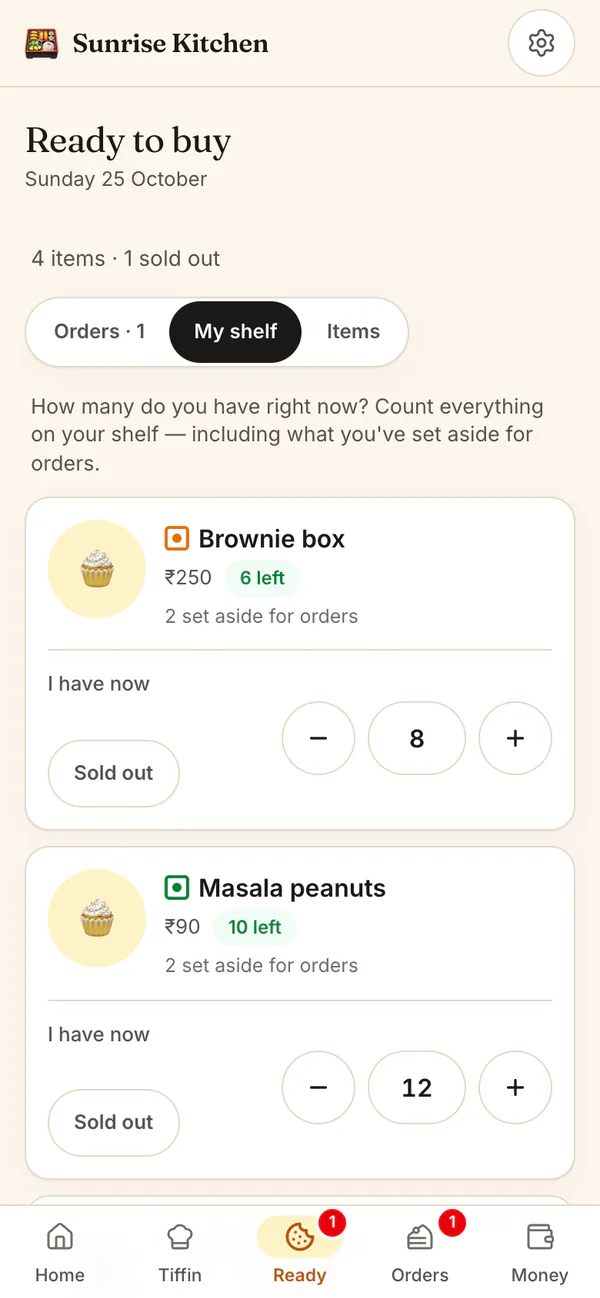 Ready to buy, My shelf: each product with its price and how many are left, how many are set aside for orders, a count with minus and plus buttons, and a Sold out button.