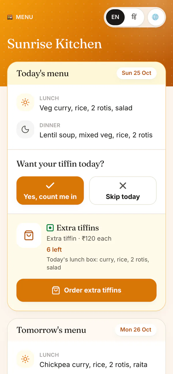 The daily menu link a customer opens: today's lunch and dinner, buttons Yes, count me in and Skip today, extra tiffins at 120 rupees each with 6 left, and tomorrow's menu below.